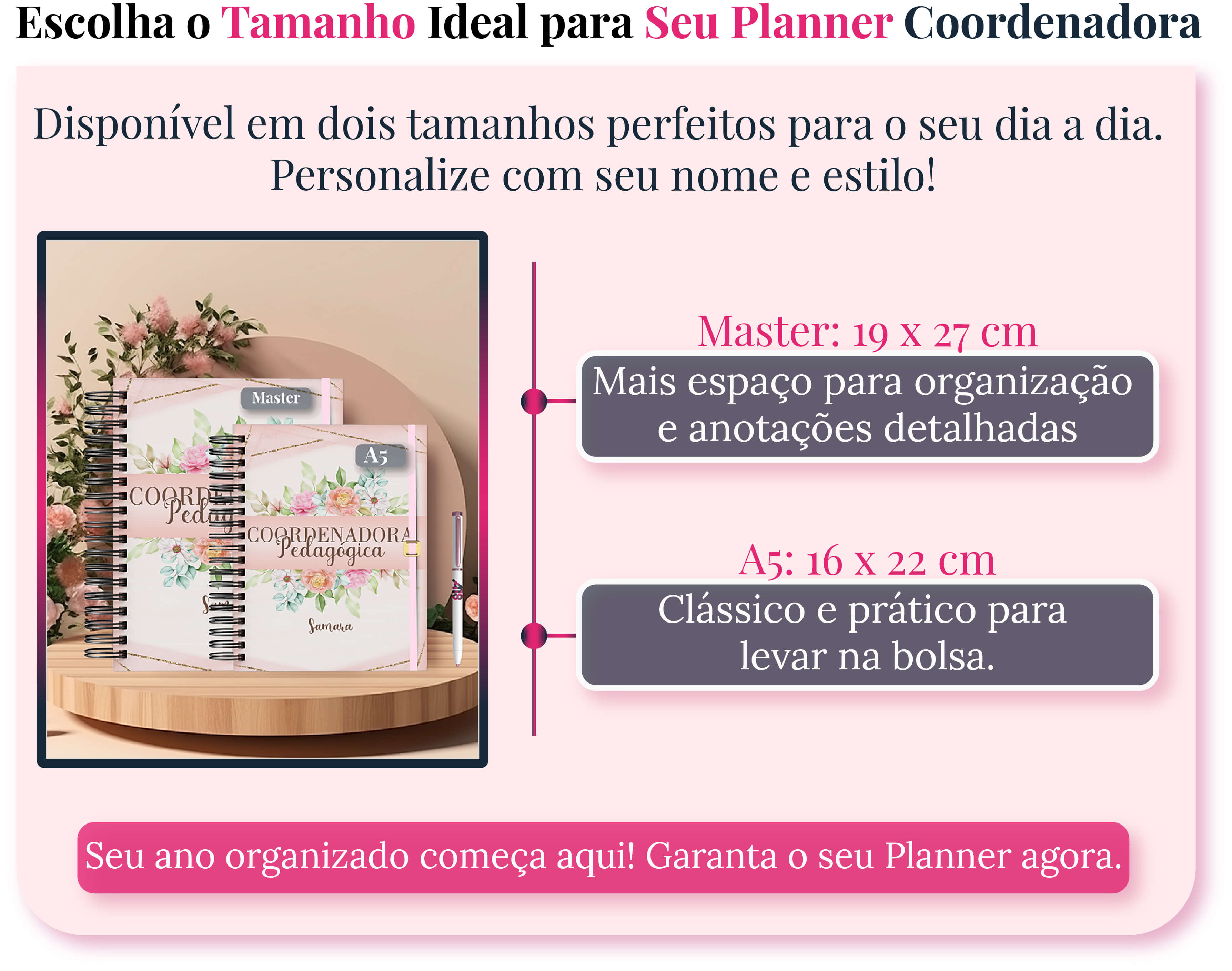 Escolha o tamanho ideal do Planner Coordenadora 2025: compacto A5 para fácil transporte ou Master para anotações detalhadas. Personalize com seu nome!